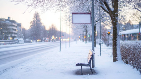 Winter Urban Scene Empty Snow Covered Bus Stop in Serene Cityscape.の素材