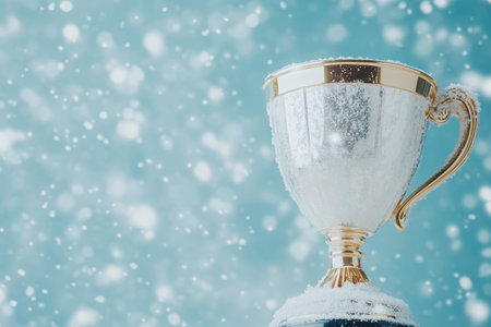 Silver Trophy on Snowy Background Symbolizing Achievement and Success in Winter Sports.の素材