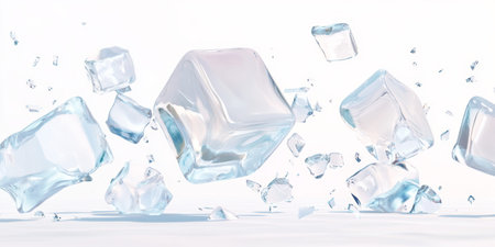 Dynamic Floating Ice Cubes Against White Background Capturing Essence of Freshness.の素材