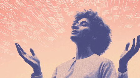 Woman Embracing Digital Technology and Innovation in a Modern Artistic Concept.の素材