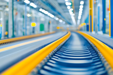Modern Factory Interior with Vibrant Yellow Machine Lines and Industrial Focus.の素材
