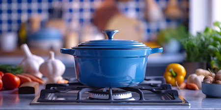 Blue Enamel Dutch Oven on Stovetop in Kitchen with Fresh Vegetables and Blurred Background.の素材