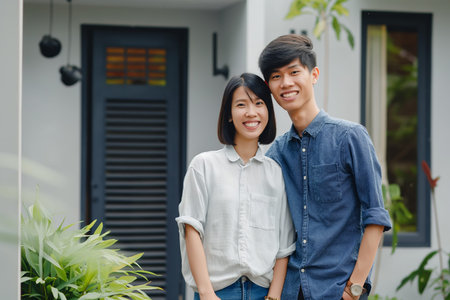 Happy Young Couple Posing Together Outdoors in Front of Modern Home.の素材