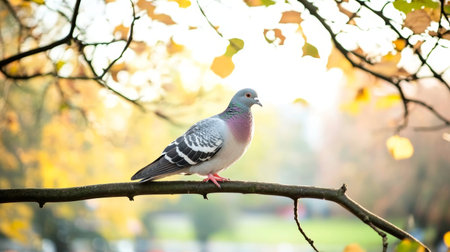 Pigeon Perched on Branch in Autumn Light.の素材