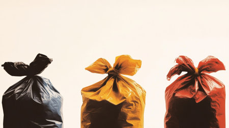 Colorful Trash Bags Against Neutral Background Recycling and Waste Management Concept.の素材
