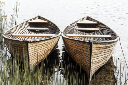 Twin Wooden Rowboats Resting on Serene Lake Amidst Reeds.の素材