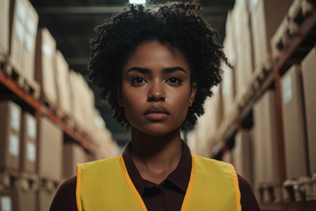 Confident Warehouse Worker in Uniform Standing Among Industrial Shelves.の素材