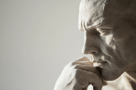 Contemplative Stone Sculpture Close Up of Thoughtful Expression in Natural Light.の素材