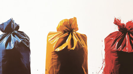 Vibrant Painted Trash Bags in Minimalist Art Composition.の素材