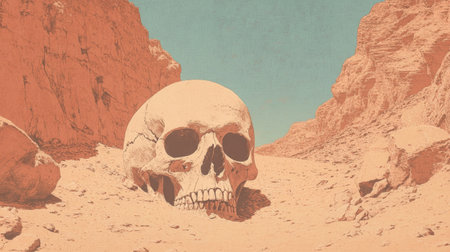 Eerie Skull in Arid Desert Landscape with Rocky Cliffs and Blue Sky.の素材
