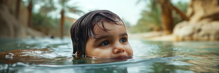 Child Swimming in Outdoor Pool with Palm Trees and Natural Scenery.の素材