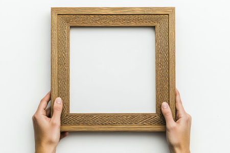 Hands Holding Empty Wooden Frame on White Background Minimalist Design Concept.の素材