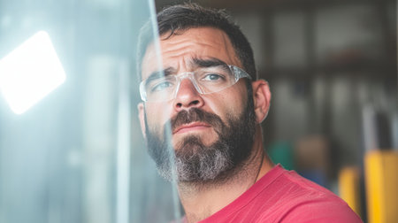 Man in Workshop with Safety Glasses and Beard Reflecting at Work.の素材