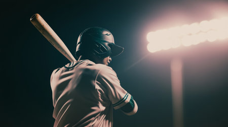 Batter Poised Under Stadium Lights for Nighttime Baseball Game.の素材
