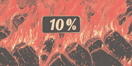 Creative Illustration of 10% Sign Amidst Fiery Flames and Dark Rocks.の素材