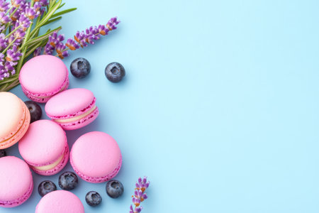 Vibrant Macarons with Blueberries and Lavender on Pastel Background.の素材