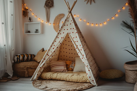 Cozy Children's Playroom with Teepee Tent and String Lights.の素材