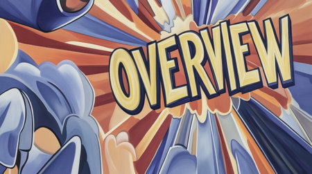 Dynamic Comic Inspired Artwork with Bold Colors and Explosive Text Overview.の素材