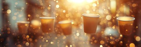 Floating Paper Coffee Cups in Sunlit Golden Bokeh Background.の素材