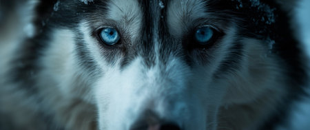 CloseUp of Intense BlueEyed Husky in Snowy Environment.の素材