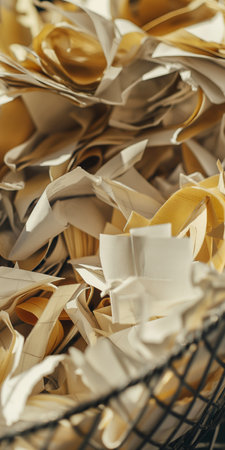 Chaotic Pile of Crumpled Papers in Trash Can CloseUp.の素材