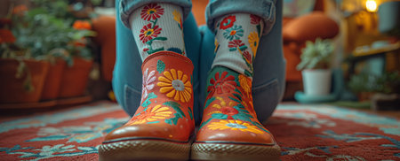 Colorful Floral Socks and Shoes in Cozy Indoor Setting With Plants.の素材