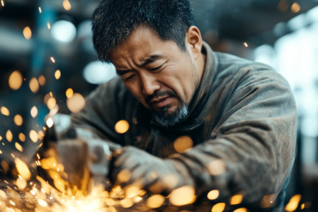 Focused Worker Grinding Metal with Flying Sparks in Industrial Workshop.の素材