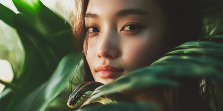 Serenity in the Jungle Woman with Snake Amidst Lush Greenery.の素材