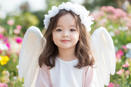 Adorable Child Angel in Floral Garden with White Wings and Flower Crown.の素材