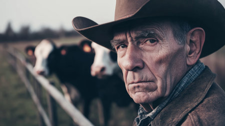 Rugged Cowboy Portrait in Rural Farm Setting with Cows in Background.の素材