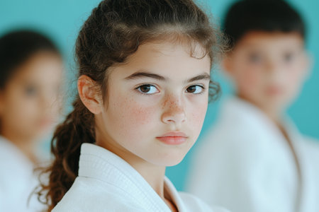 Confident Young Martial Artist in White Gi with Focused Expression.の素材