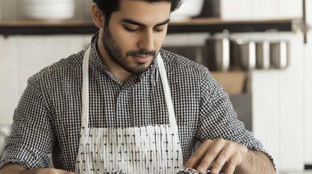 Chef Preparing Dish in Modern Kitchen with Focused Expression.の素材