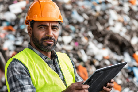 Recycling Plant Worker Using Digital Tablet for Waste Management.の素材