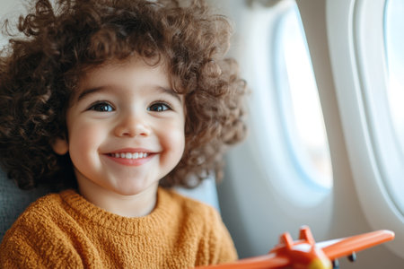 Joyful Child with Curly Hair Holding Toy Airplane on Airplane Journey.の素材