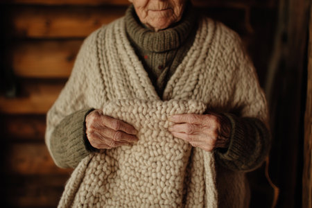 Elderly Hands Knitting Wool Blanket in Cozy Rustic Setting Reflecting Craftsmanship and Warmth.の素材