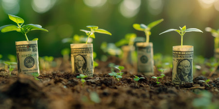 Money Growing Plants Dollar Bills Sprouting in Soil Symbolizing Investment and Financial Growth.の素材