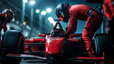 Nighttime Pit Stop Formula Racing Crew in Action Under Stadium Lights.の素材