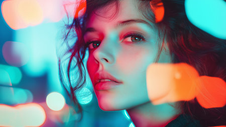 Dreamy Portrait with Bokeh Lighting and Moody Atmosphere in Vibrant Colors.の素材