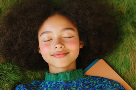 Young Girl Relaxing Outdoors on Grass with Closed Eyes and Peaceful Smile.の素材