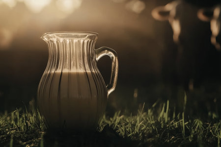 Rustic Pitcher of Fresh Milk in Sunlit Grass with Cows Grazing in Background.の素材