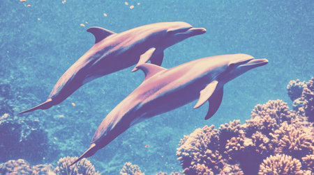 Colorful Dolphins Swimming Together in Vibrant Underwater Coral Environment.の素材