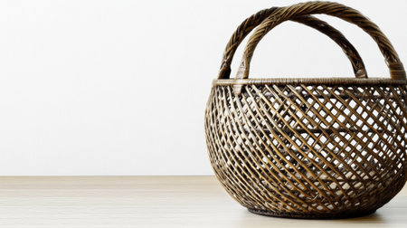 Handcrafted Wicker Basket on Wooden Table Rustic Home Decor and Storage Solution.の素材
