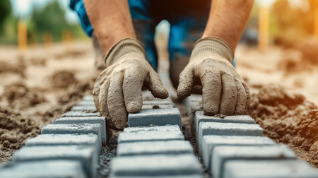 Hands Aligning Bricks on Construction Site with Work Gloves and Fresh Cement for Paving.の素材