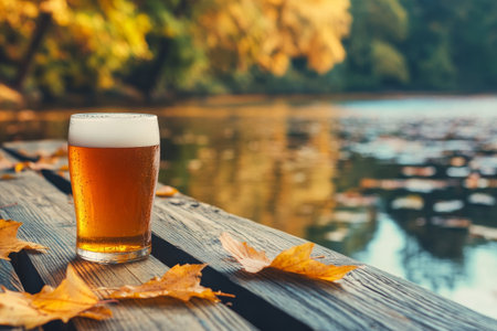Autumn Ale Glass on Lakeside Dock Surrounded by Colorful Leaves.の素材