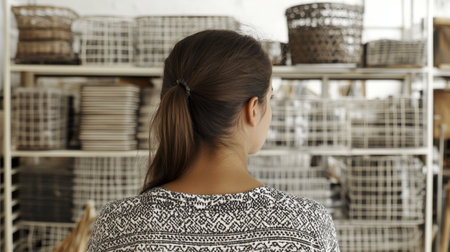 Woman Browsing Home Storage Options in Retail Store.の素材