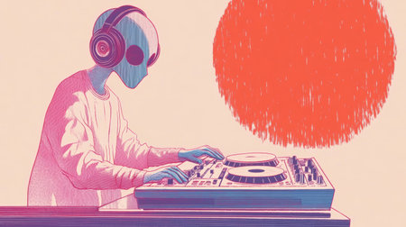 Futuristic Alien DJ Mixing Tracks with Headphones Under a Red Sun.の素材