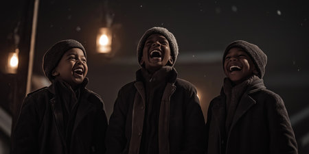 Joyful Children Laughing Under Winter Lanterns at Night.の素材