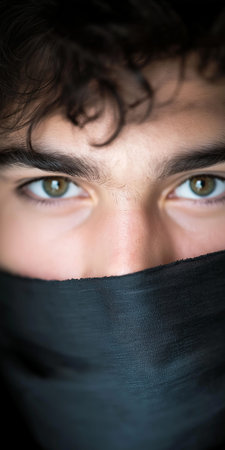 Mysterious Eyes Gazing Above Black Fabric in Close Up Portrait.の素材