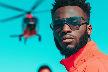 Stylish Man in Aviator Sunglasses with Helicopter in Vibrant Background.の素材