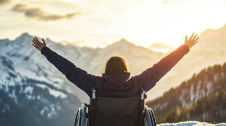 Empowerment and Joy Wheelchair User Embraces Mountain Sunrise.の素材